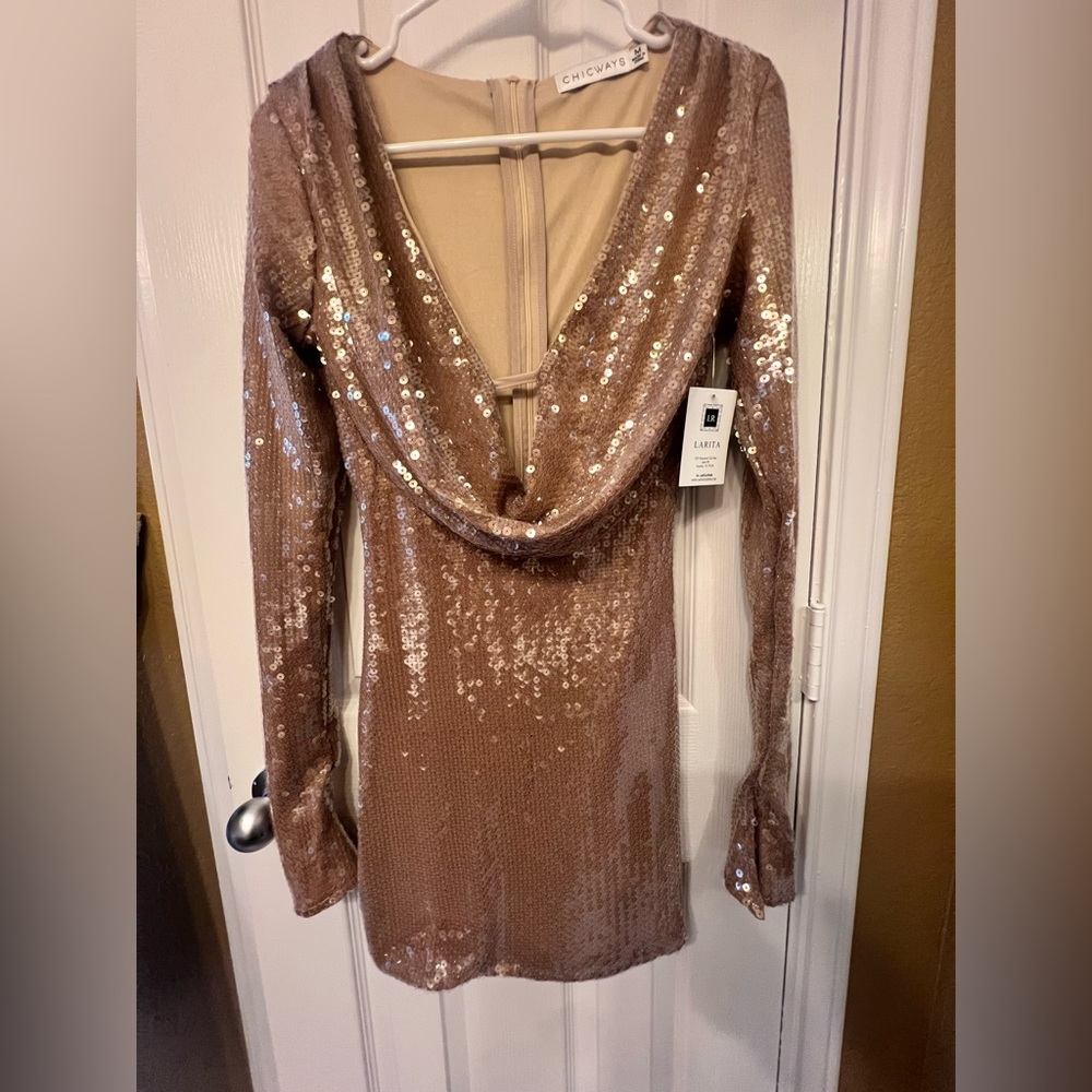 NWT Chicways Beige Sequin Long Sleeve Mini Dress, size medium